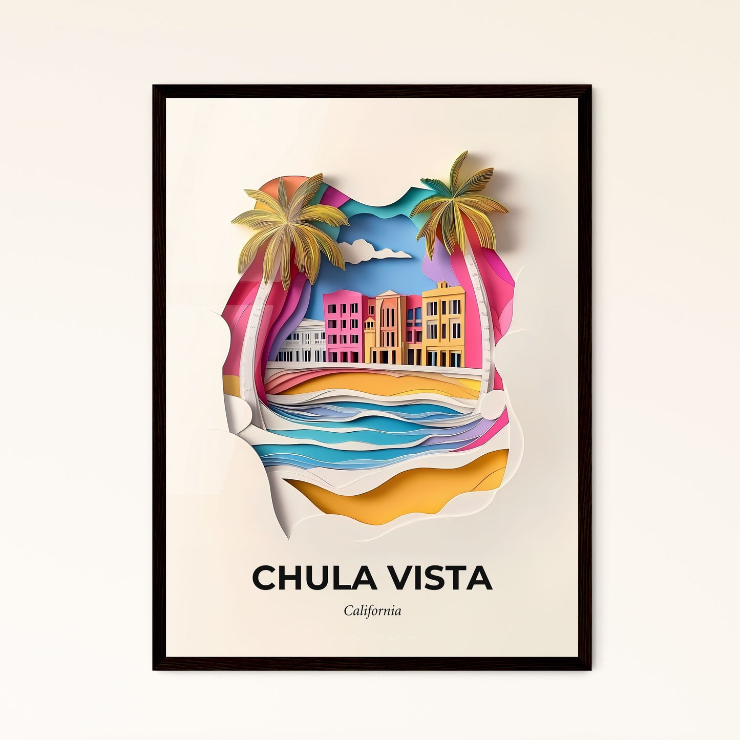 Vivid Chula Vista, California - a paper cut of a beach with palm trees