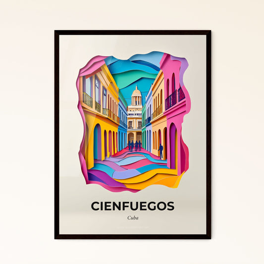 Vivid Cienfuegos, Cuba - a colorful street with a clock tower in the background