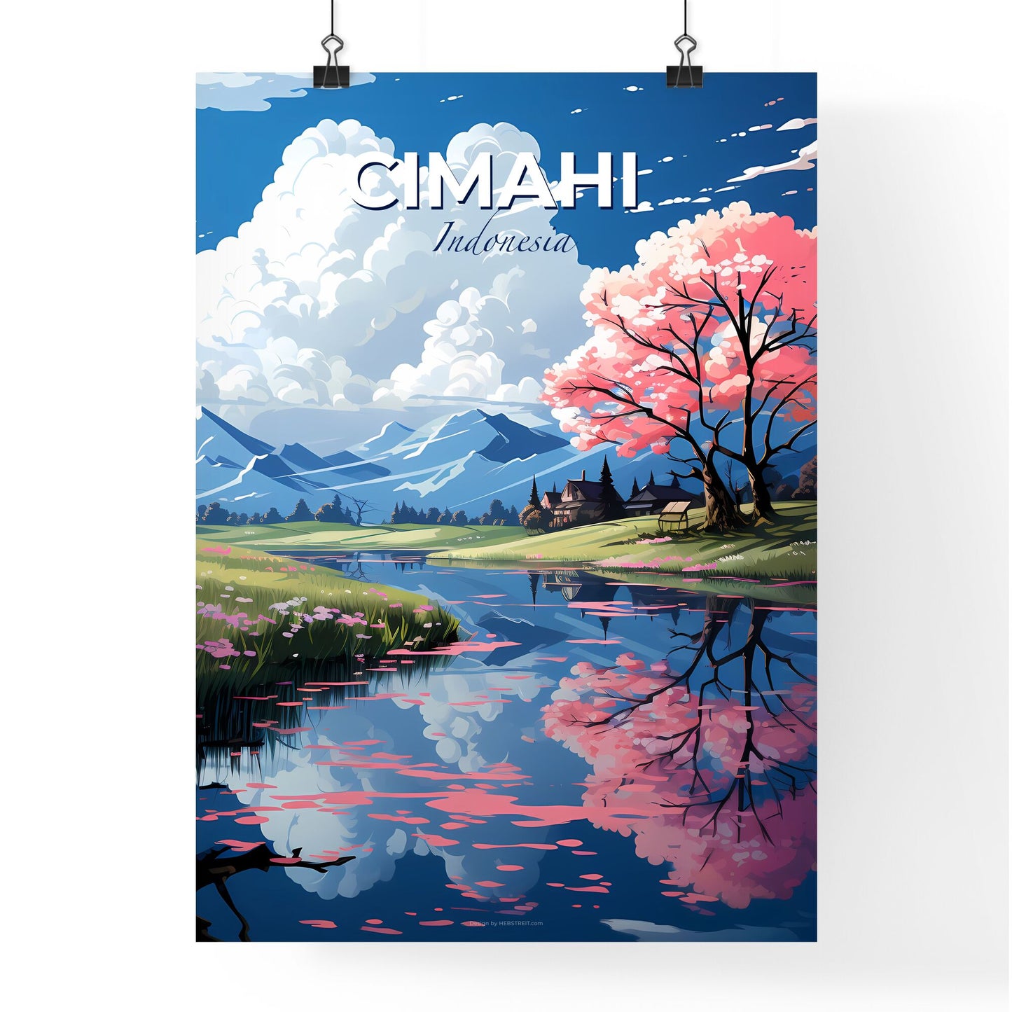 Cimahi City Indonesia Skyline River Pink Flowers Tree Vibrant Painting Art Default Title