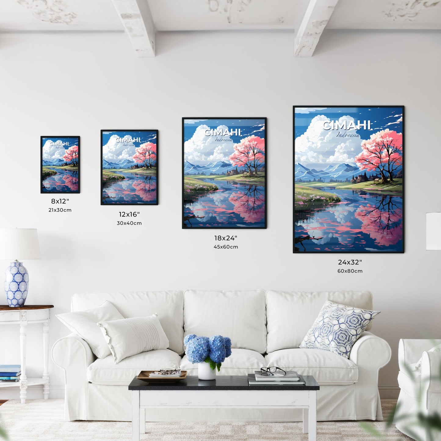 Cimahi City Indonesia Skyline River Pink Flowers Tree Vibrant Painting Art Default Title