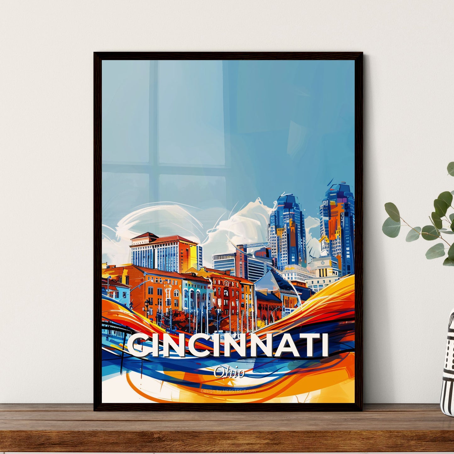 Vibrant Cincinnati, Ohio - A Colorful Cityscape With Blue And Orange Waves