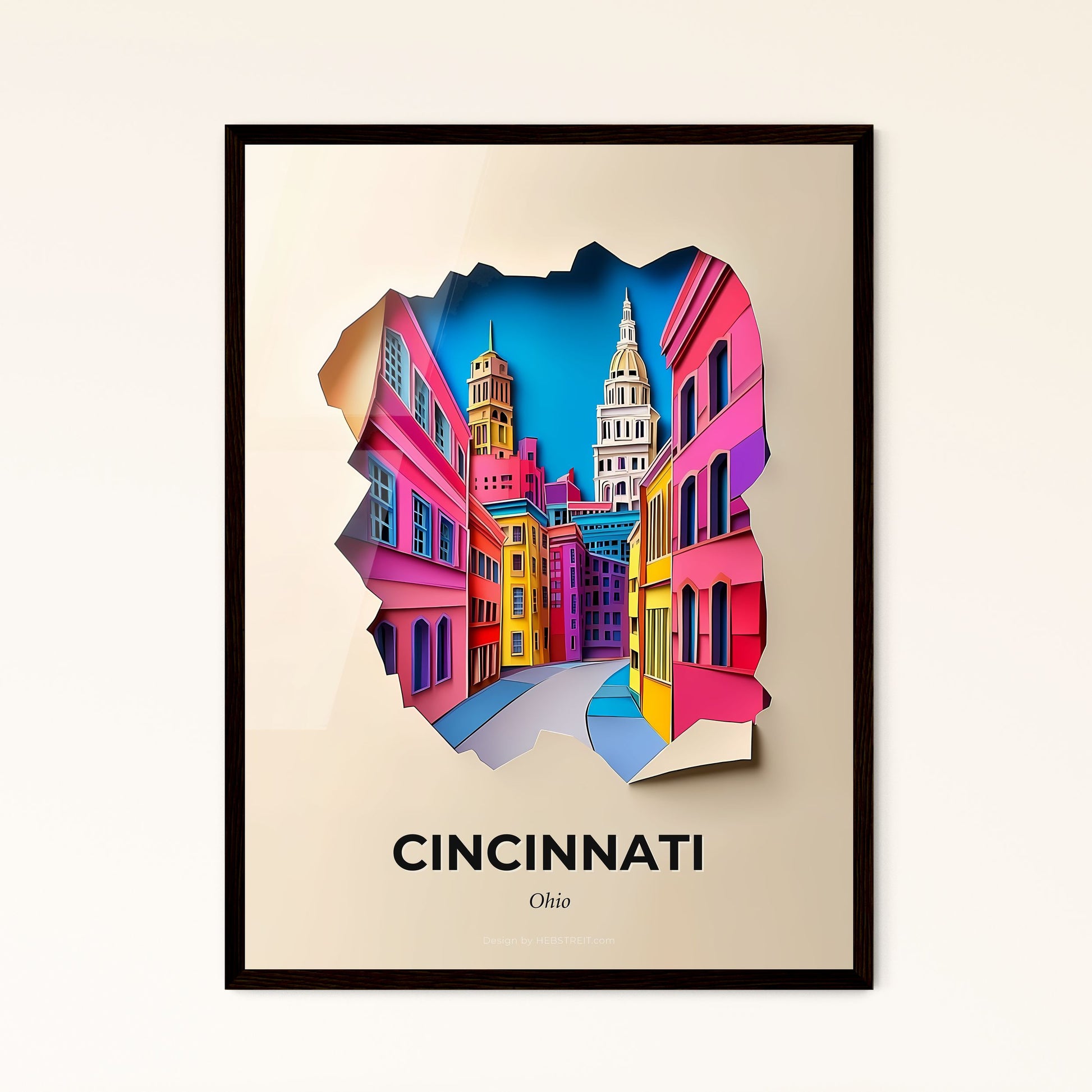 Vivid Cincinnati, Ohio - a paper cut of a city street with a clock tower