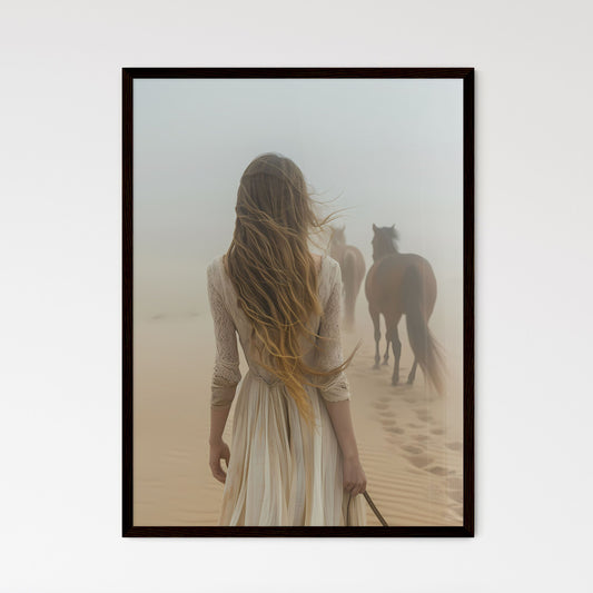 Expressive woman and horses in desert sunrise landscape, acrylic painting, digital art Default Title