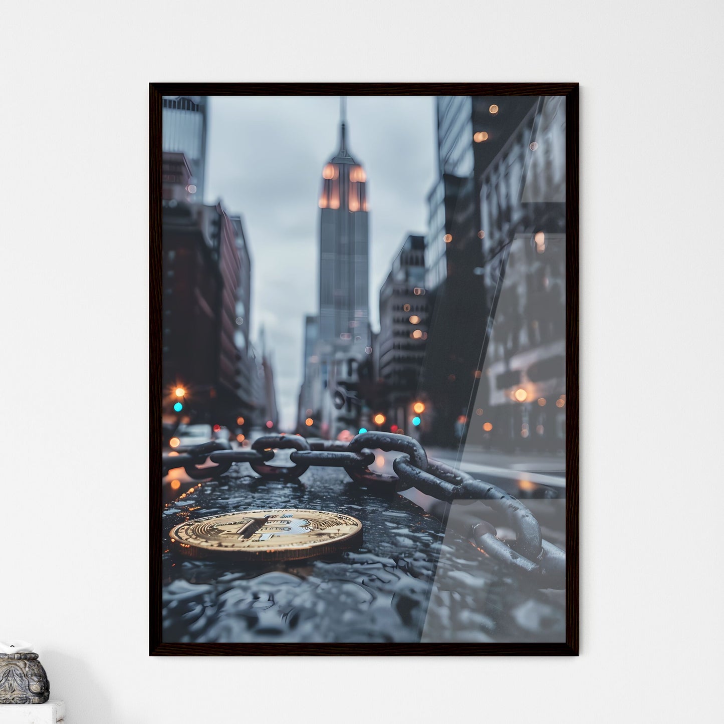 City Art, Modern Painting, Blockchain, Money Chain, Times Square, Vibrant Street Scene, Abstract Sidewalk Framed Art