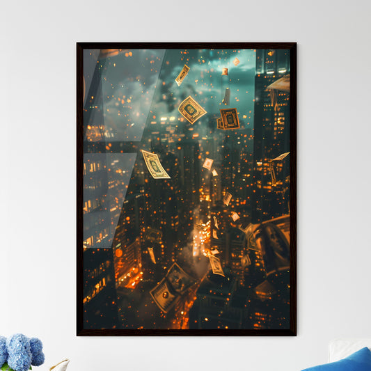 Digital art, financial technology, blockchain, global business, aerial city view, money flying Framed Art