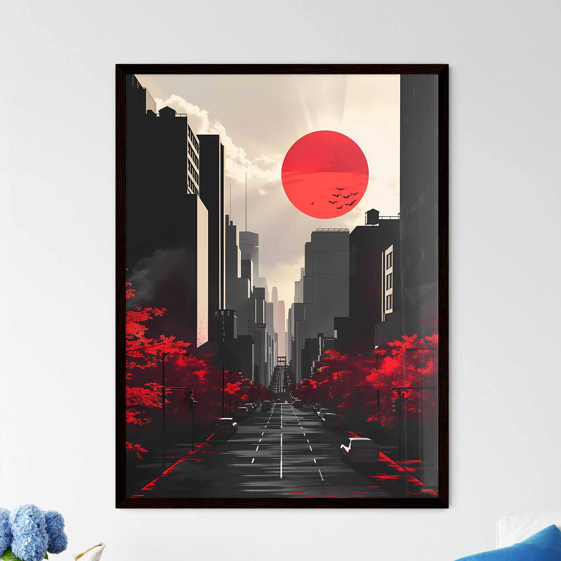 City Walk: A Serene Urban Landscape Depicted in Vibrant Red and Black, Capturing the ArtisticEssence Default Title