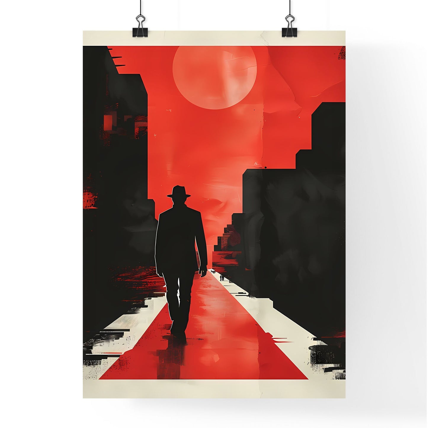 Modern City Walk Art: Vibrant Red and Black Street Scene with Walking Figure Default Title