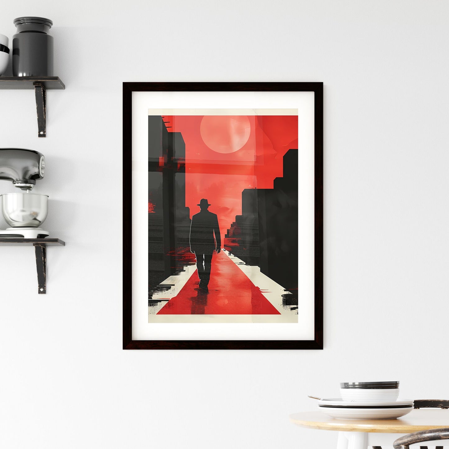 Modern City Walk Art: Vibrant Red and Black Street Scene with Walking Figure Default Title