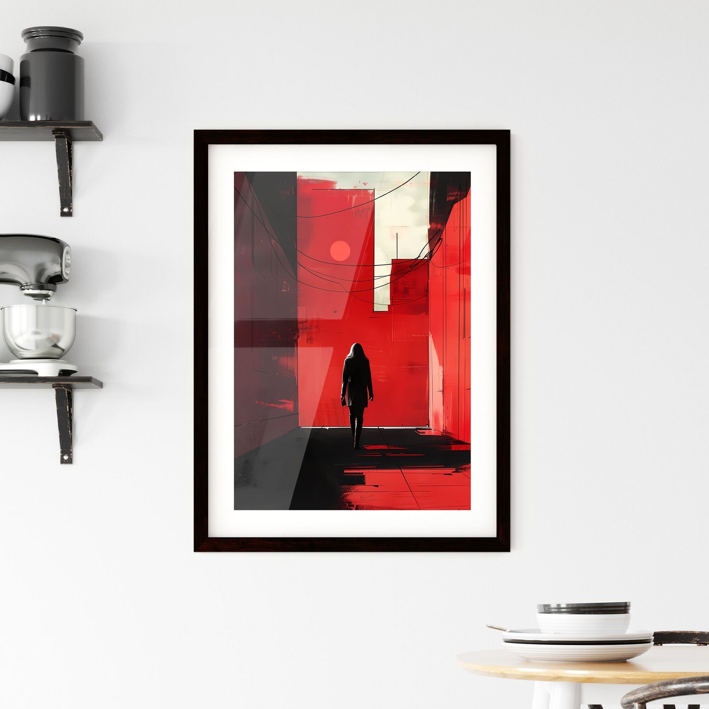 Cityscape painting, modern art, hallway, red and black, digital painting, 2D, minimalist, graphic design, abstract Default Title