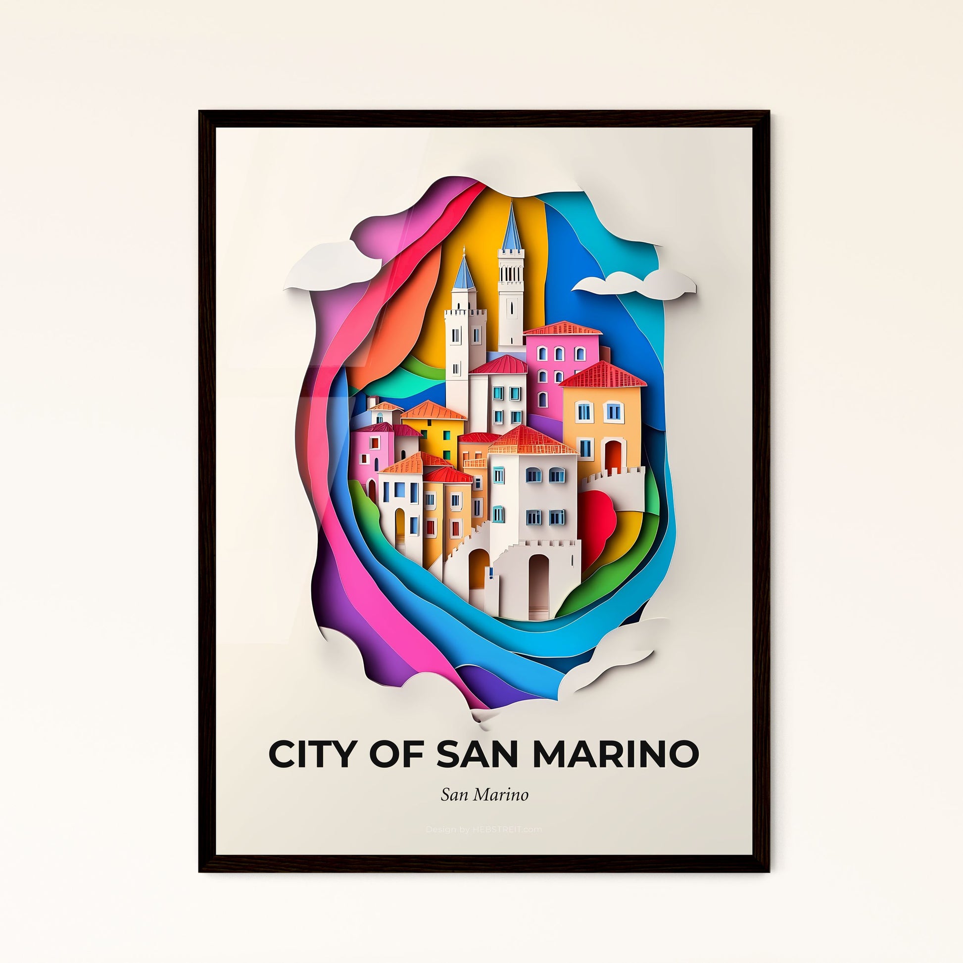 Vivid City of San Marino, San Marino - a paper cut of a city with a rainbow colored sky