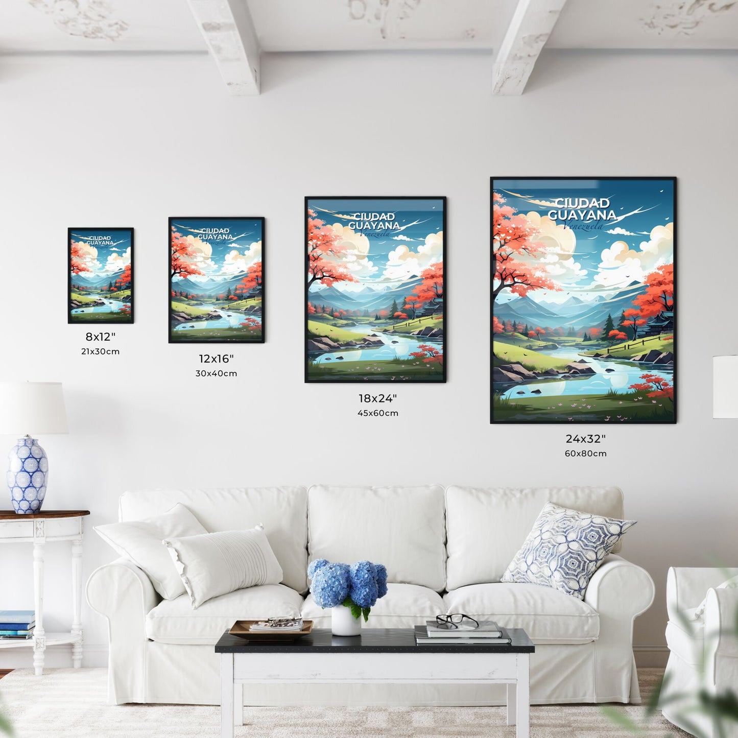 River Valley Skyline Painting Art Cityscape Mountains Trees Nature Travel Default Title