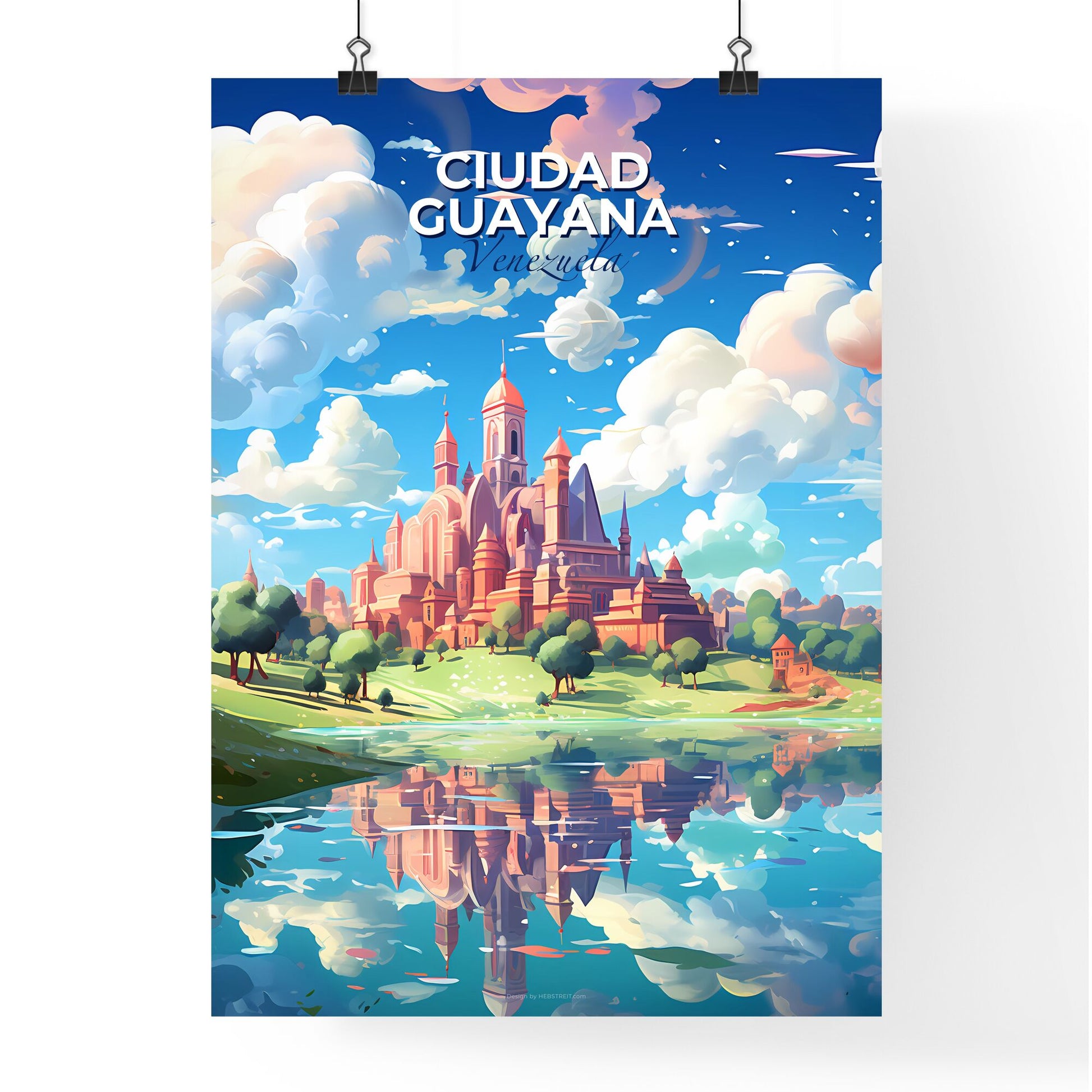 Vibrant Artsy Castle Skyline Painting with Towers, Trees, and Lake in Ciudad Guayana Venezuela Default Title