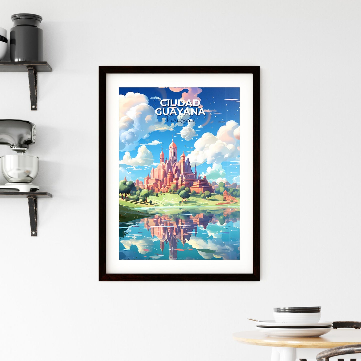 Vibrant Artsy Castle Skyline Painting with Towers, Trees, and Lake in Ciudad Guayana Venezuela Default Title