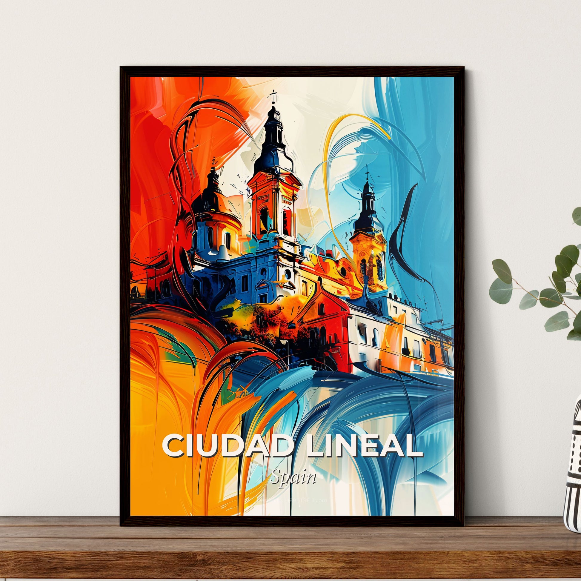 Vibrant Ciudad Lineal, Spain - A Painting Of A Building With Towers And A Colorful Background