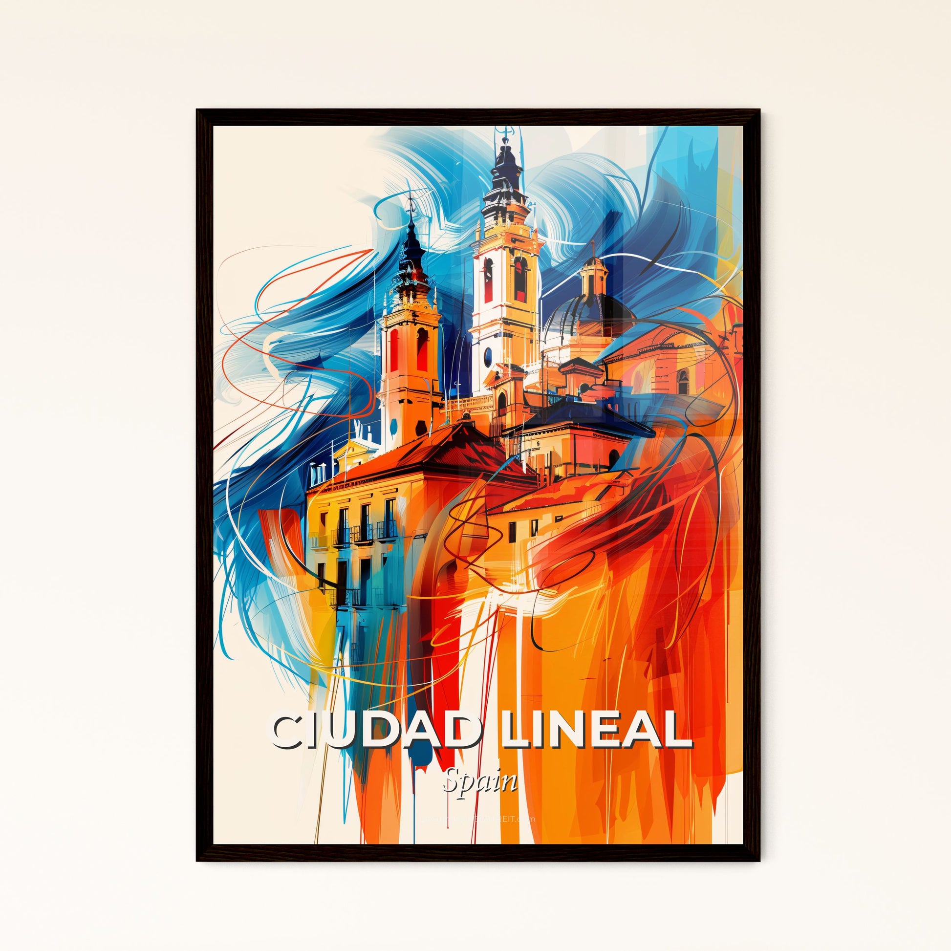 Vibrant Ciudad Lineal, Spain - A Painting Of A Building With Towers And A Blue And Orange Background