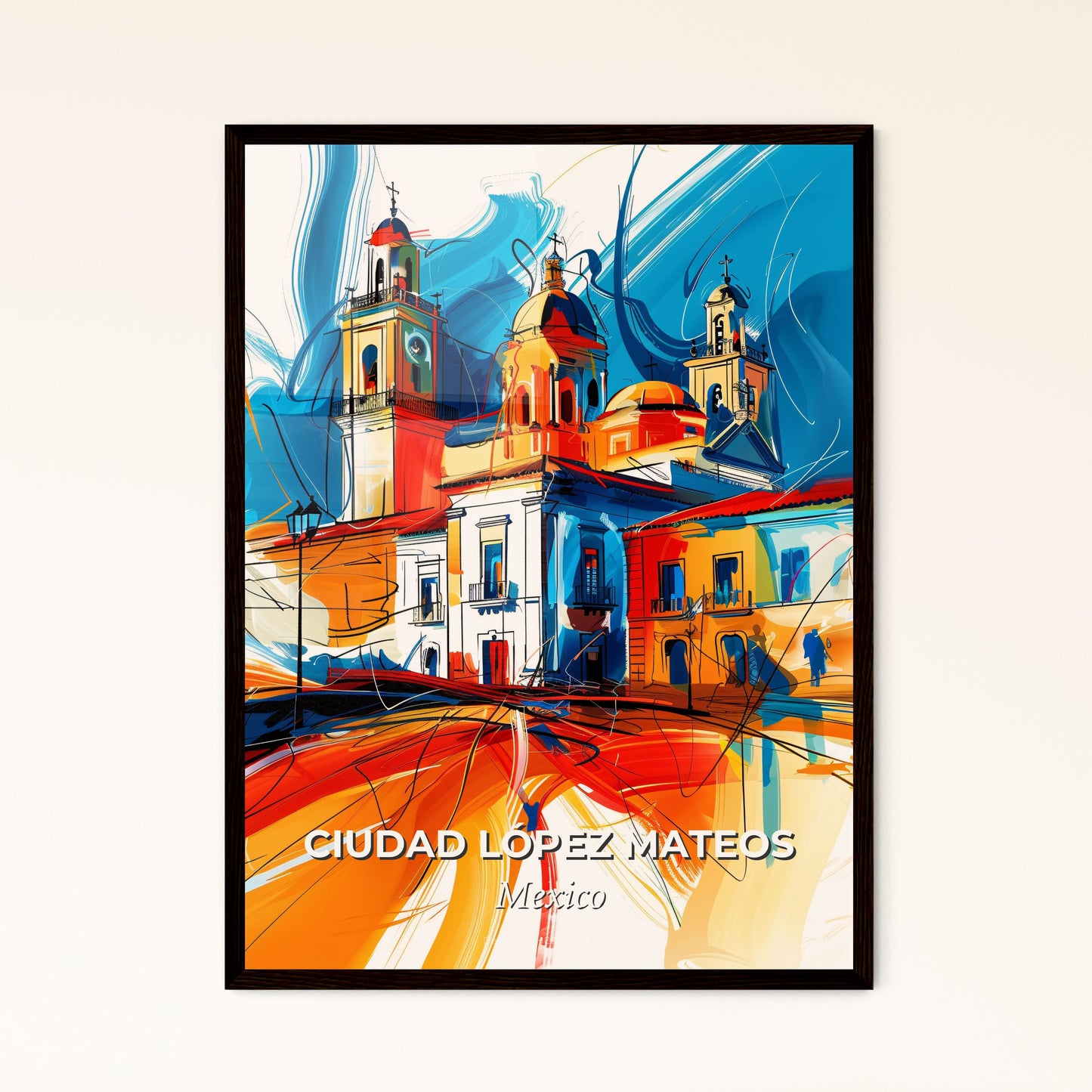 Vibrant Ciudad López Mateos, Mexico - A Painting Of A Building With Towers And A Blue And Orange Background