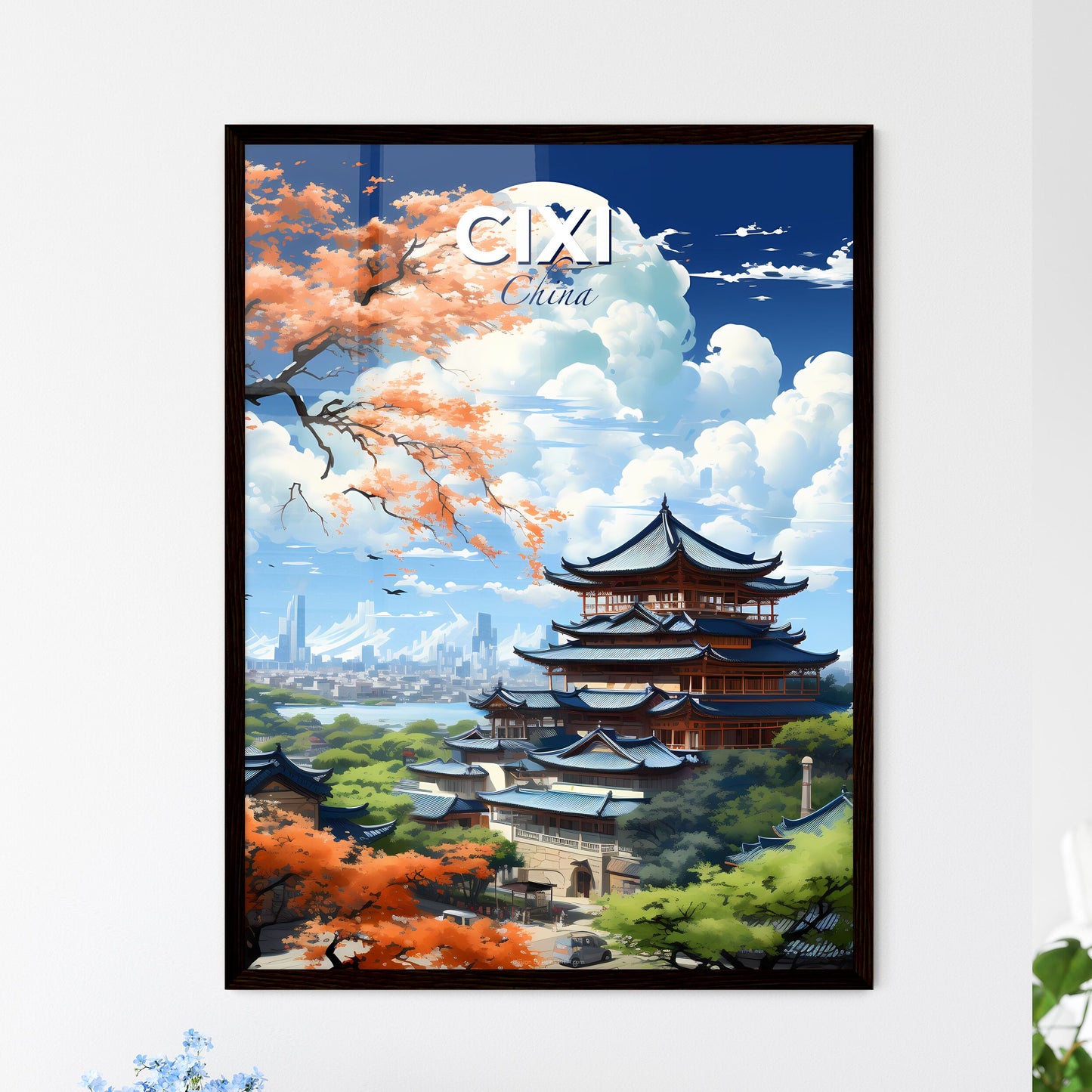 Vibrant Painting of Cixi China Skyline with Roof Architecture and Trees Default Title