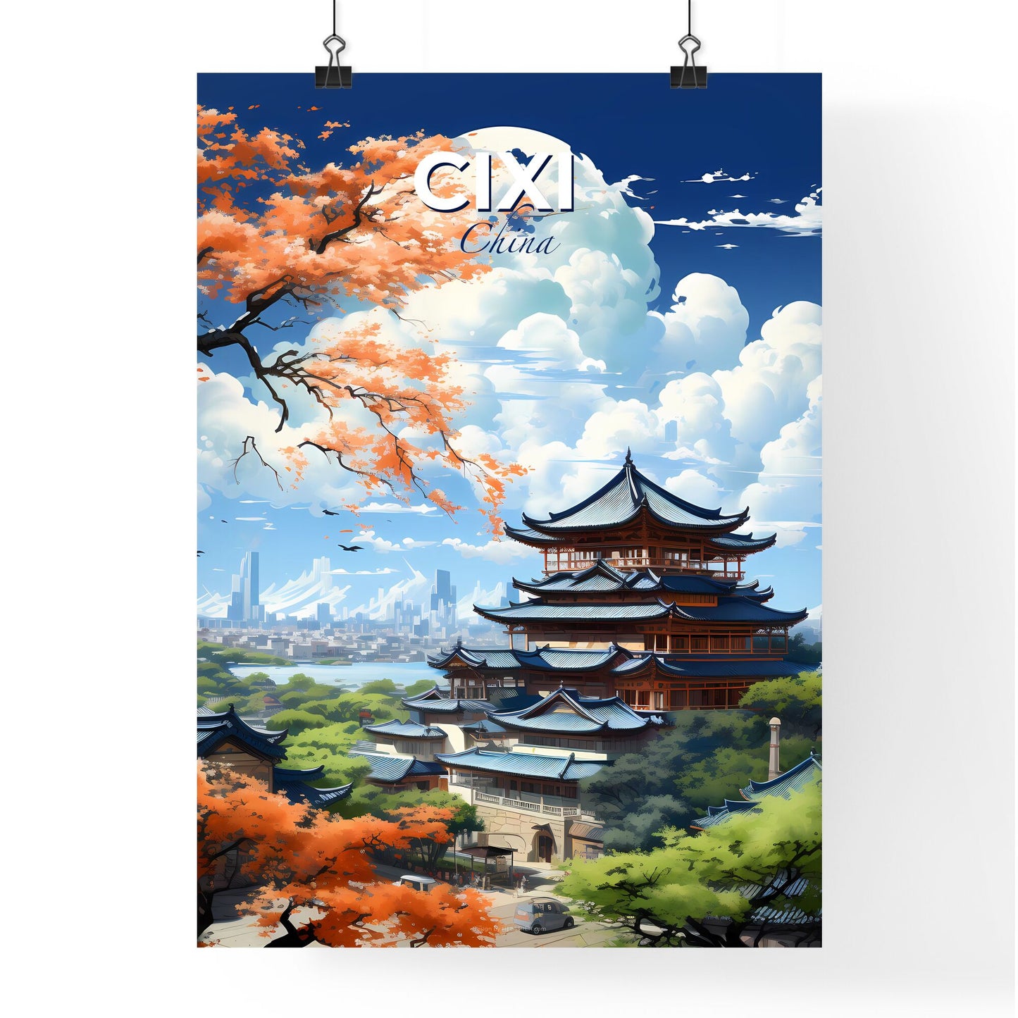 Vibrant Painting of Cixi China Skyline with Roof Architecture and Trees Default Title