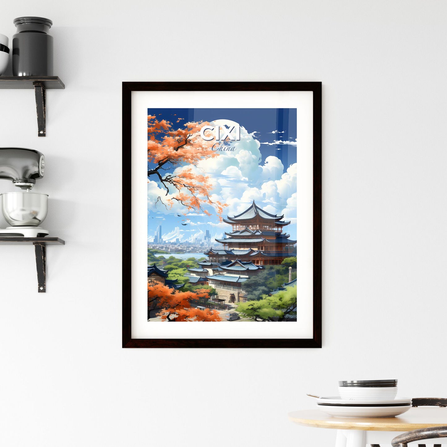 Vibrant Painting of Cixi China Skyline with Roof Architecture and Trees Default Title