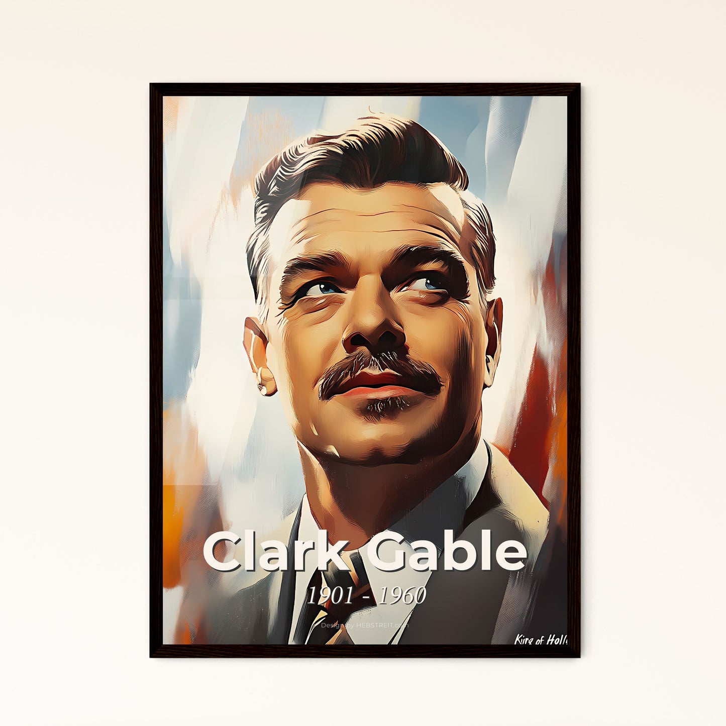 Portrait of Clark Gable, 1901 - 1960. Impressionistic painting of a man with mustache and mustache looking up.