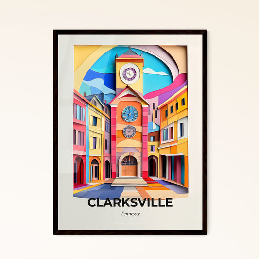 Vivid Clarksville, Tennessee - a colorful clock tower in a city with buildings