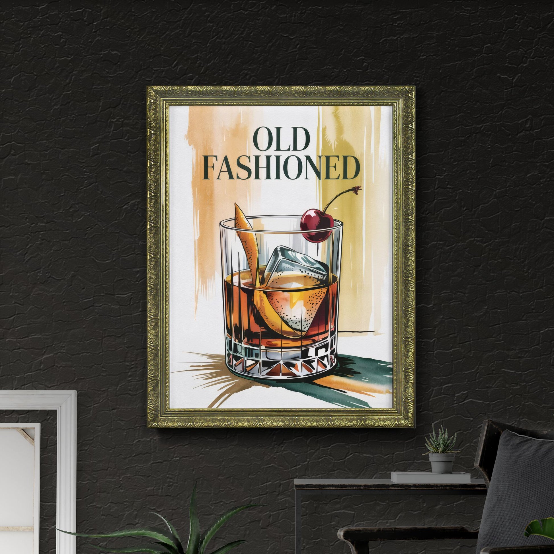 Classic Old Fashioned Cocktail in a Stylish Glass with Orange Twist and Cherry Garnish on Elegant Background.