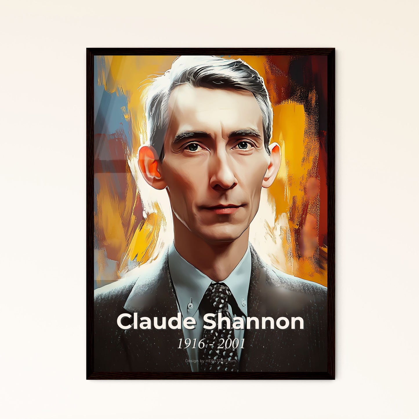 Portrait of Claude Shannon, 1916 - 2001. Impressionistic painting of a man in a suit.