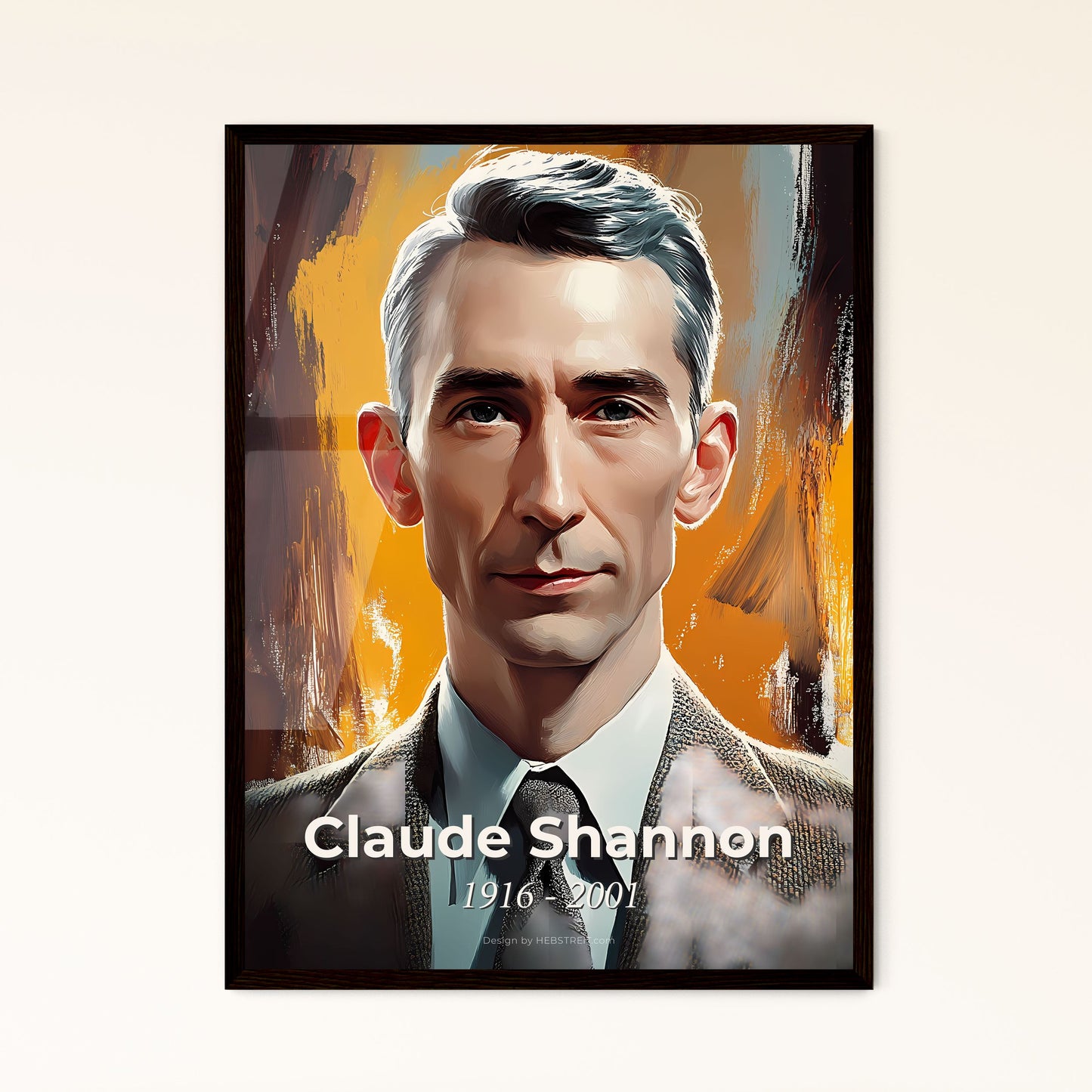 Portrait of Claude Shannon, 1916 - 2001. Impressionistic painting of a man in a suit and tie.