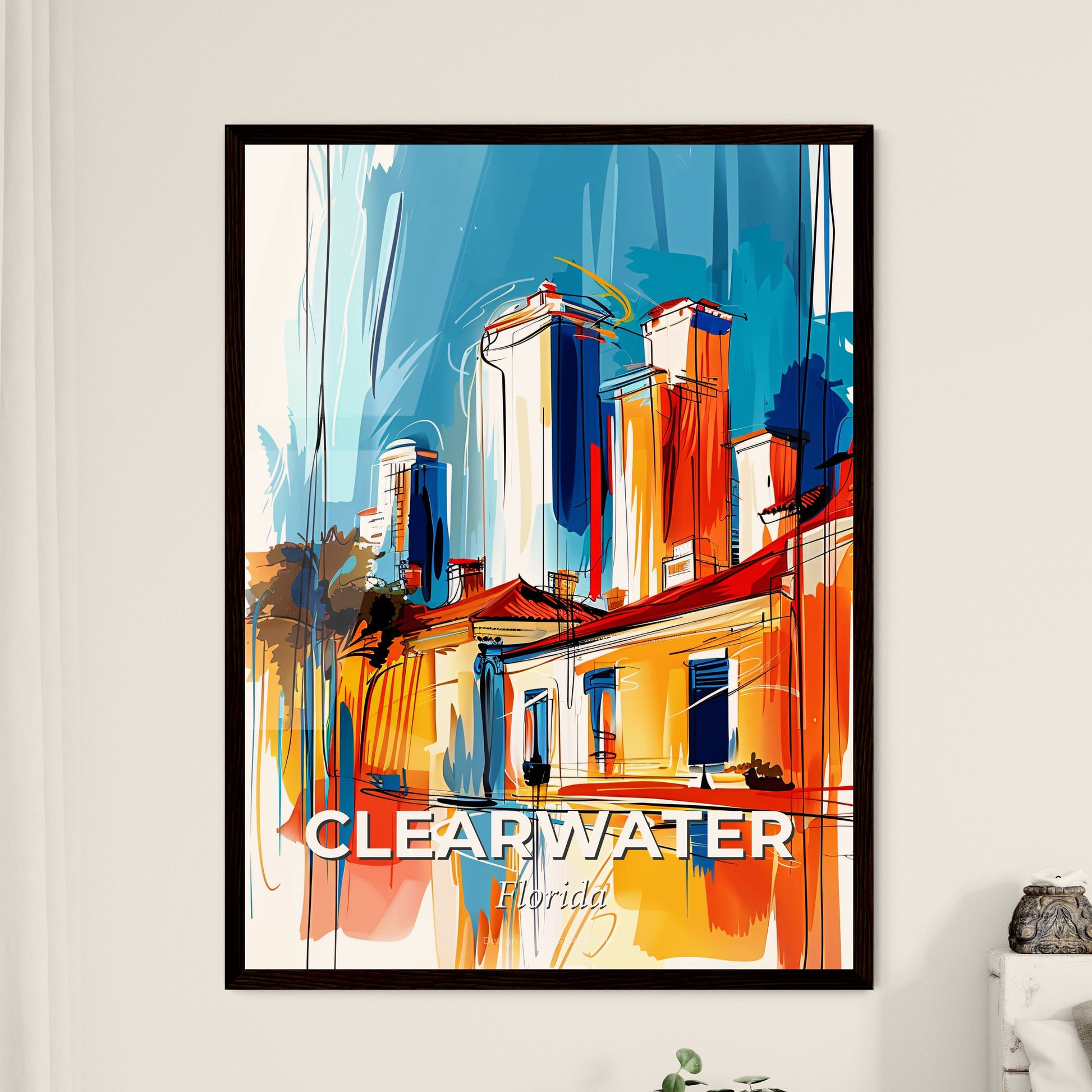 Vibrant Clearwater, Florida - A Painting Of A Building With Tall Buildings