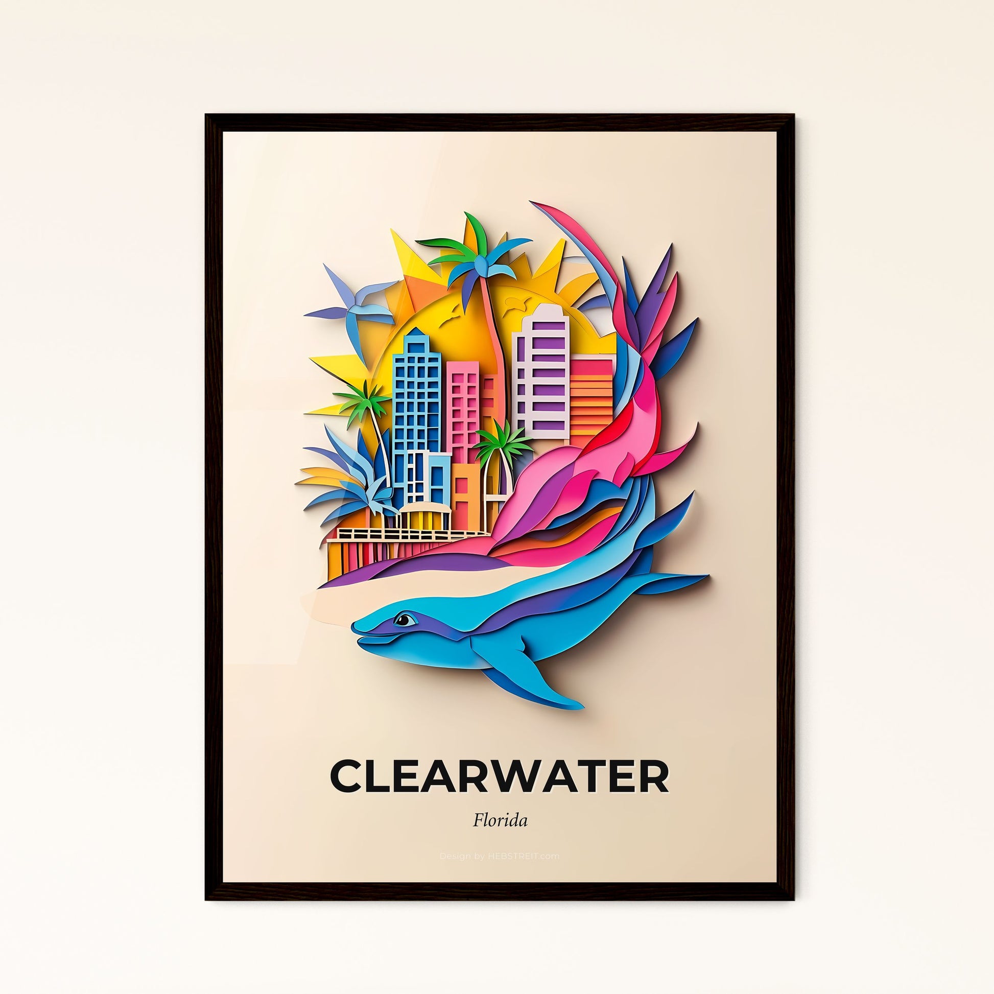 Vivid Clearwater, Florida - a dolphin and a city with palm trees