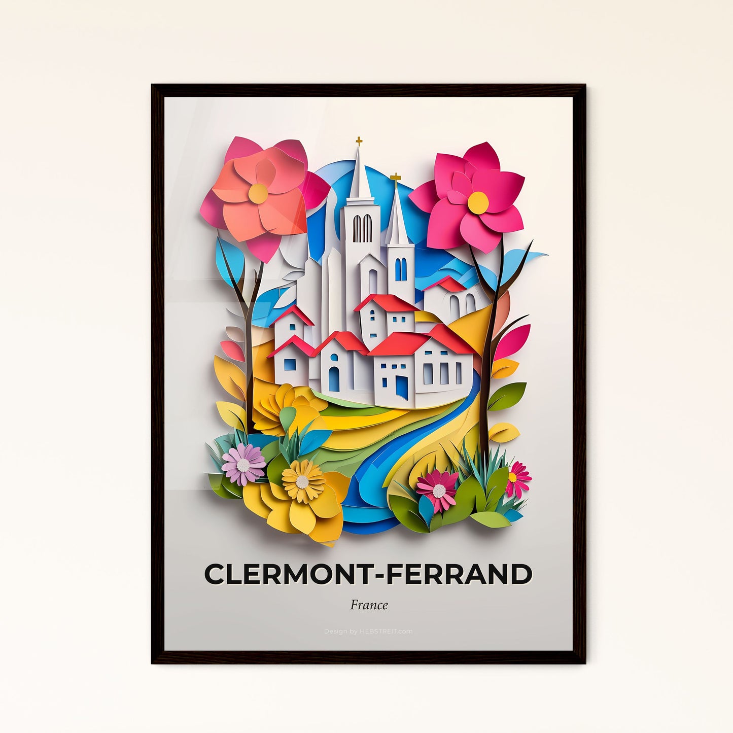 Vivid Clermont-Ferrand, France - a paper cut of a church and flowers