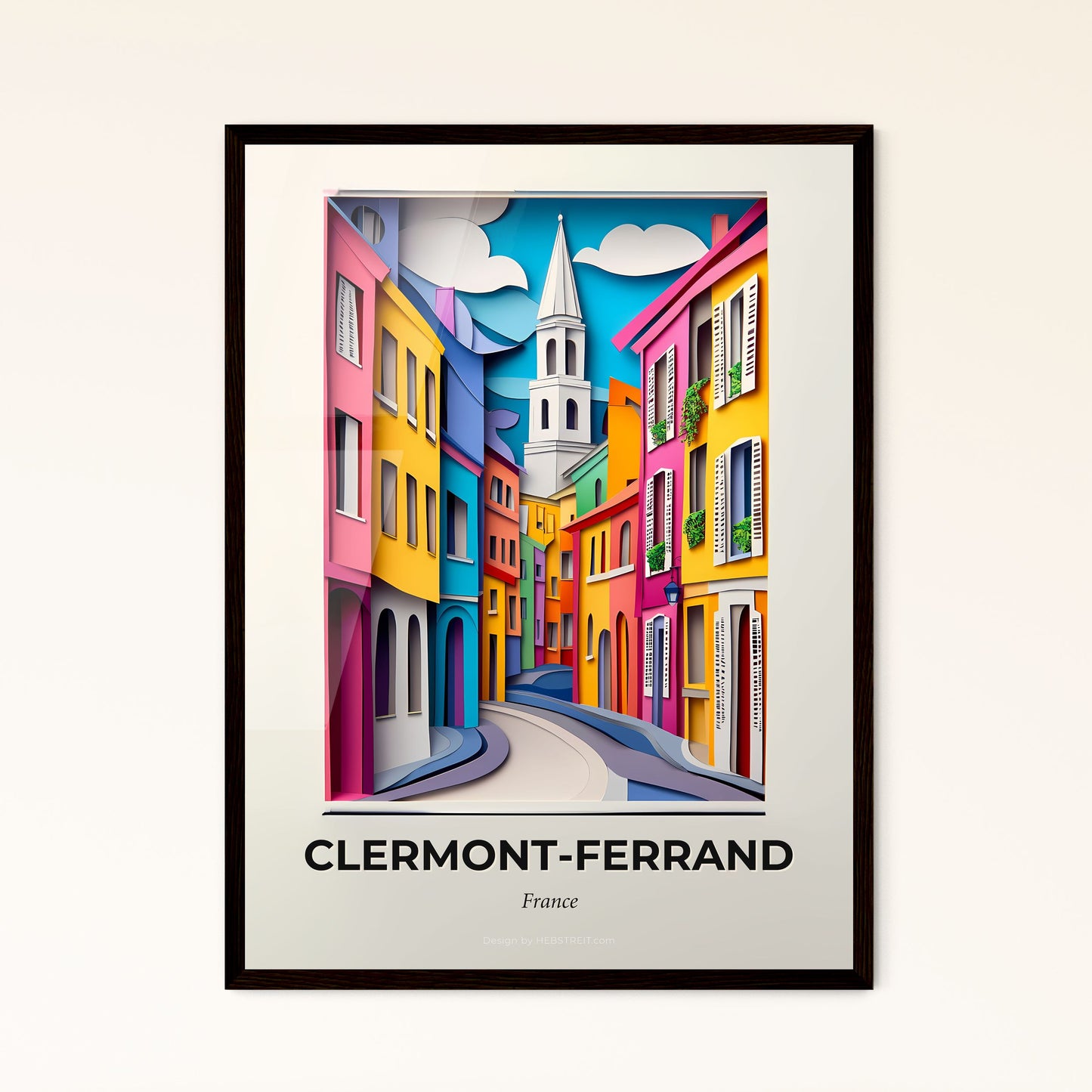 Vivid Clermont-Ferrand, France - a colorful city street with a church steeple in the background