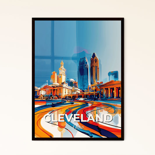 Vibrant Cleveland, Ohio - A Painting Of A Skyline With A Colorful Building