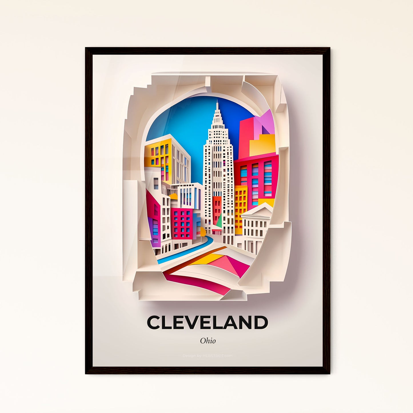 Vivid Cleveland, Ohio - a paper cut of a city with a clock