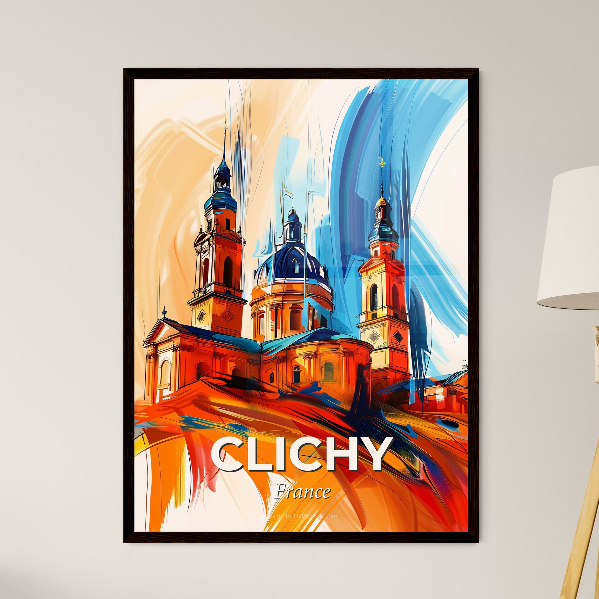 Vibrant Clichy, France - A Painting Of A Building With Towers And A Blue And Orange Background