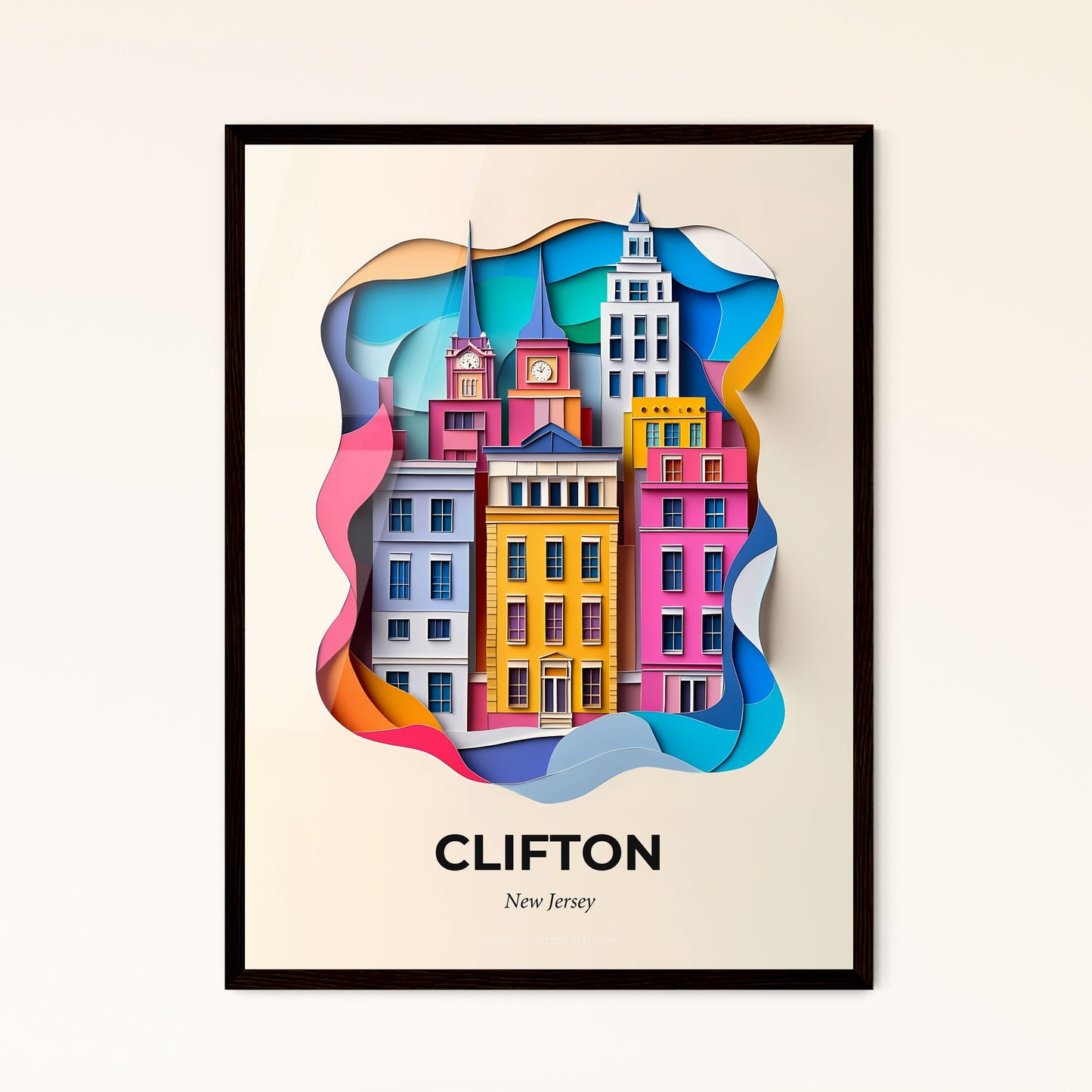 Vivid Clifton, New Jersey - a paper cut of a city with a clock tower