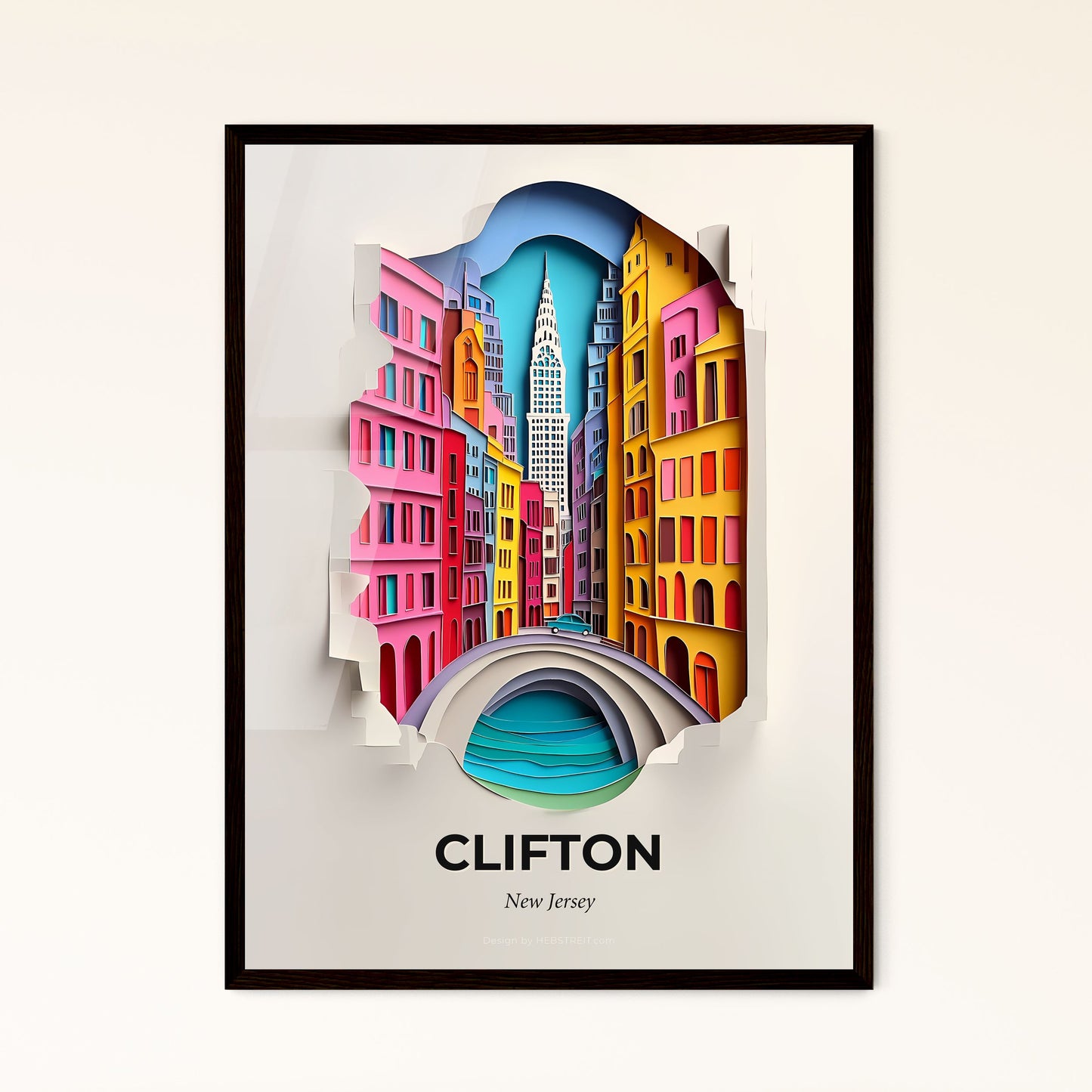 Vivid Clifton, New Jersey - a paper cut of a city with a bridge