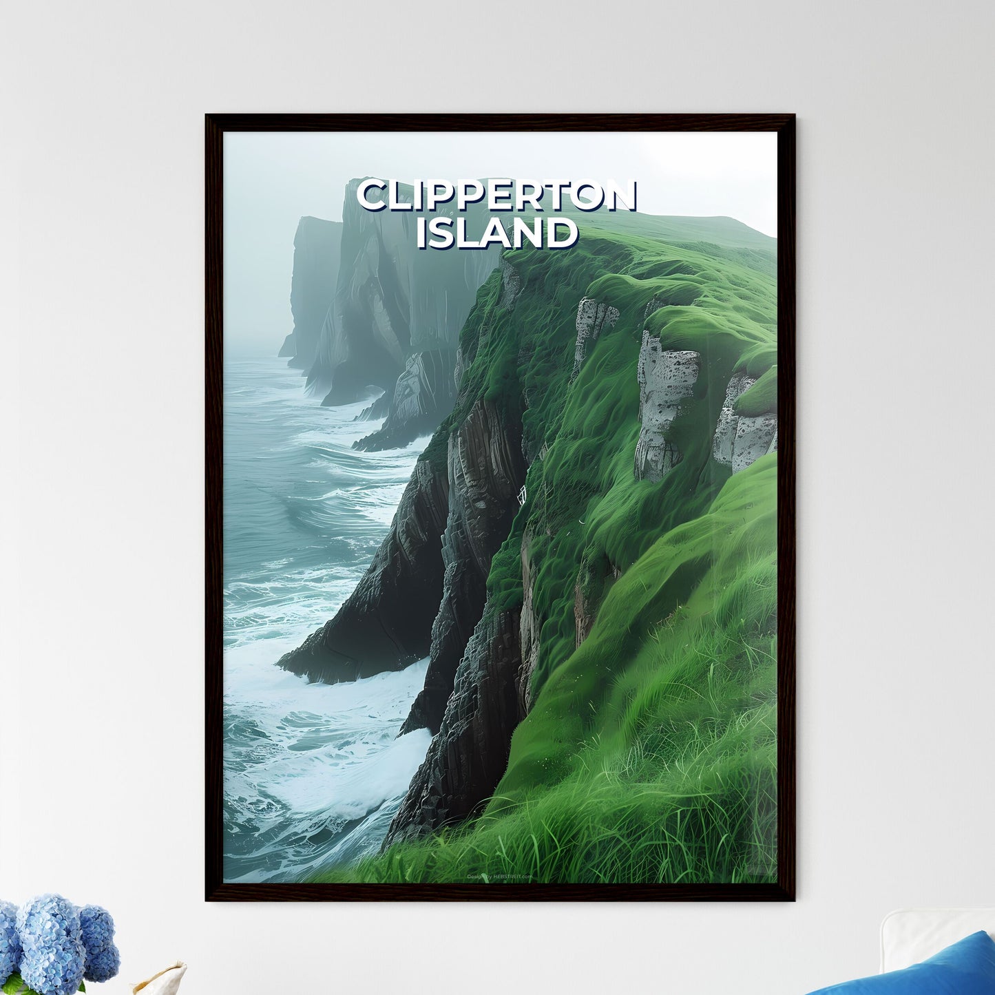 Colorful Artistic Depiction of Clipperton Island's Grassy Cliff Overlooking Ocean Wall Art