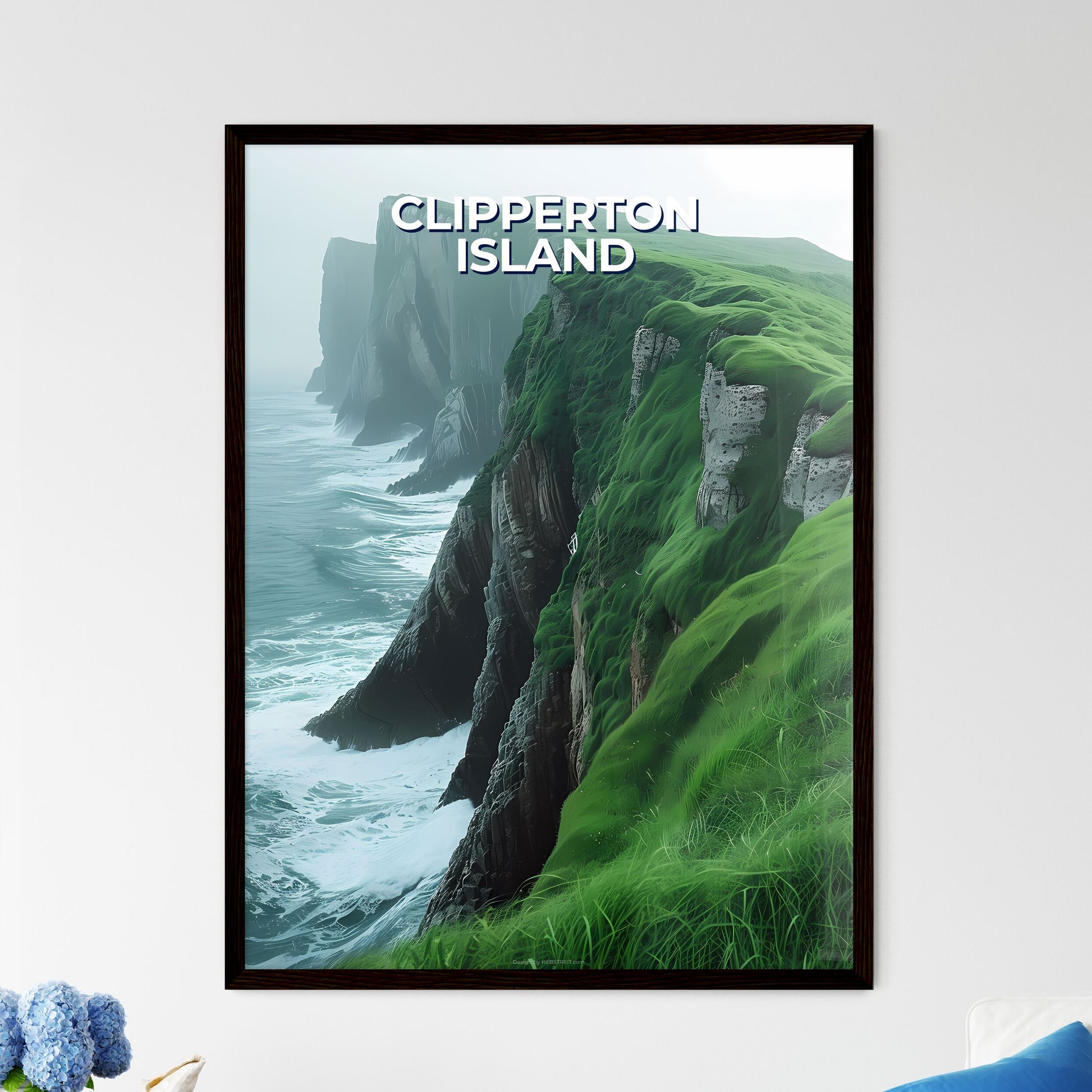 Colorful Artistic Depiction of Clipperton Island's Grassy Cliff Overlooking Ocean Wall Art