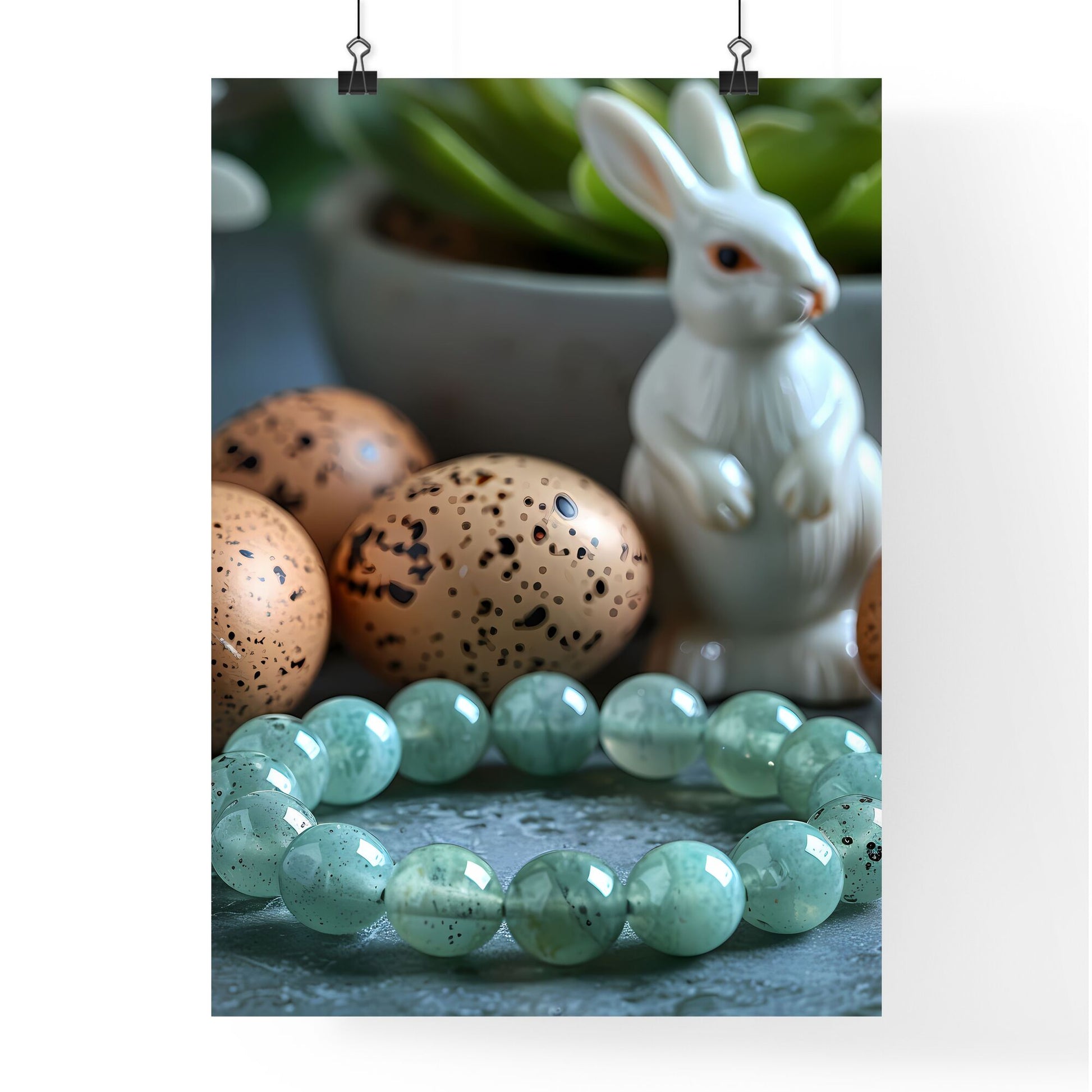Vibrant art featuring Easter bunny figurines, eggs, and a pastel green glass bangle bracelet Default Title