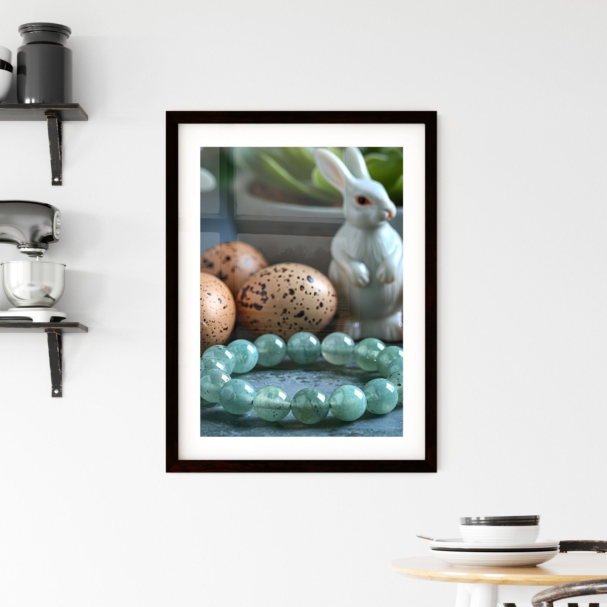 Vibrant art featuring Easter bunny figurines, eggs, and a pastel green glass bangle bracelet Default Title