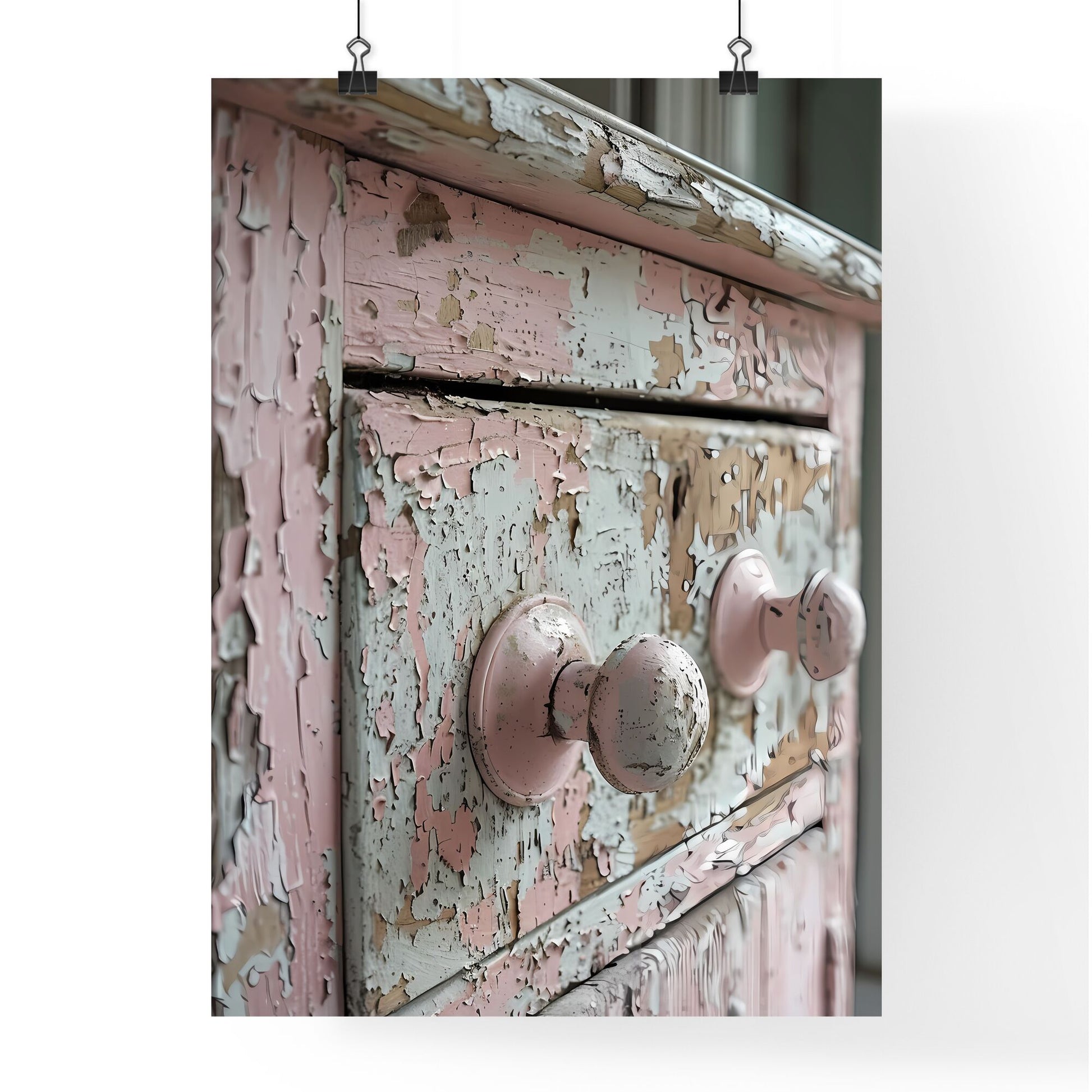 Minimalistic, soft lighting, neutral tones, pale pink, vintage, shabby chic, bathroom, cabinet, drawer, painting, art, vibrant colors, distressed materials, light beige, ivory details Default Title