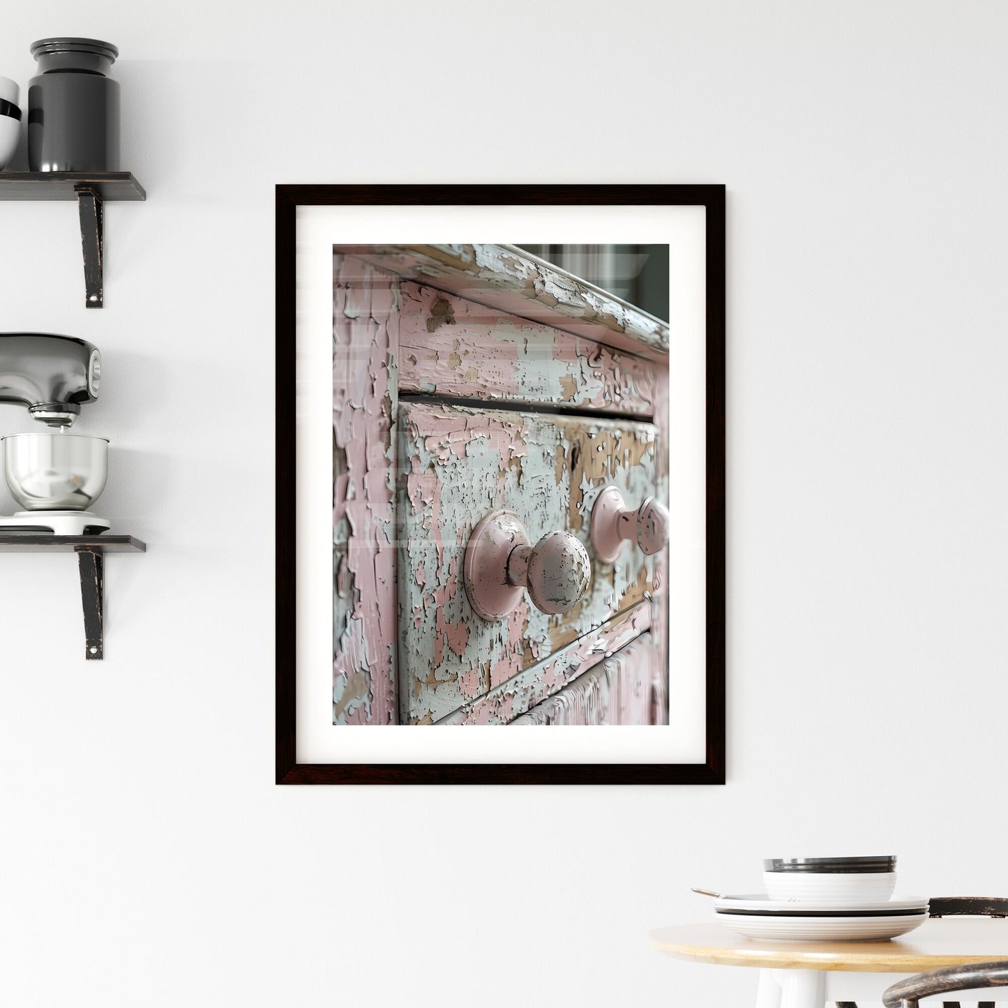 Minimalistic, soft lighting, neutral tones, pale pink, vintage, shabby chic, bathroom, cabinet, drawer, painting, art, vibrant colors, distressed materials, light beige, ivory details Default Title
