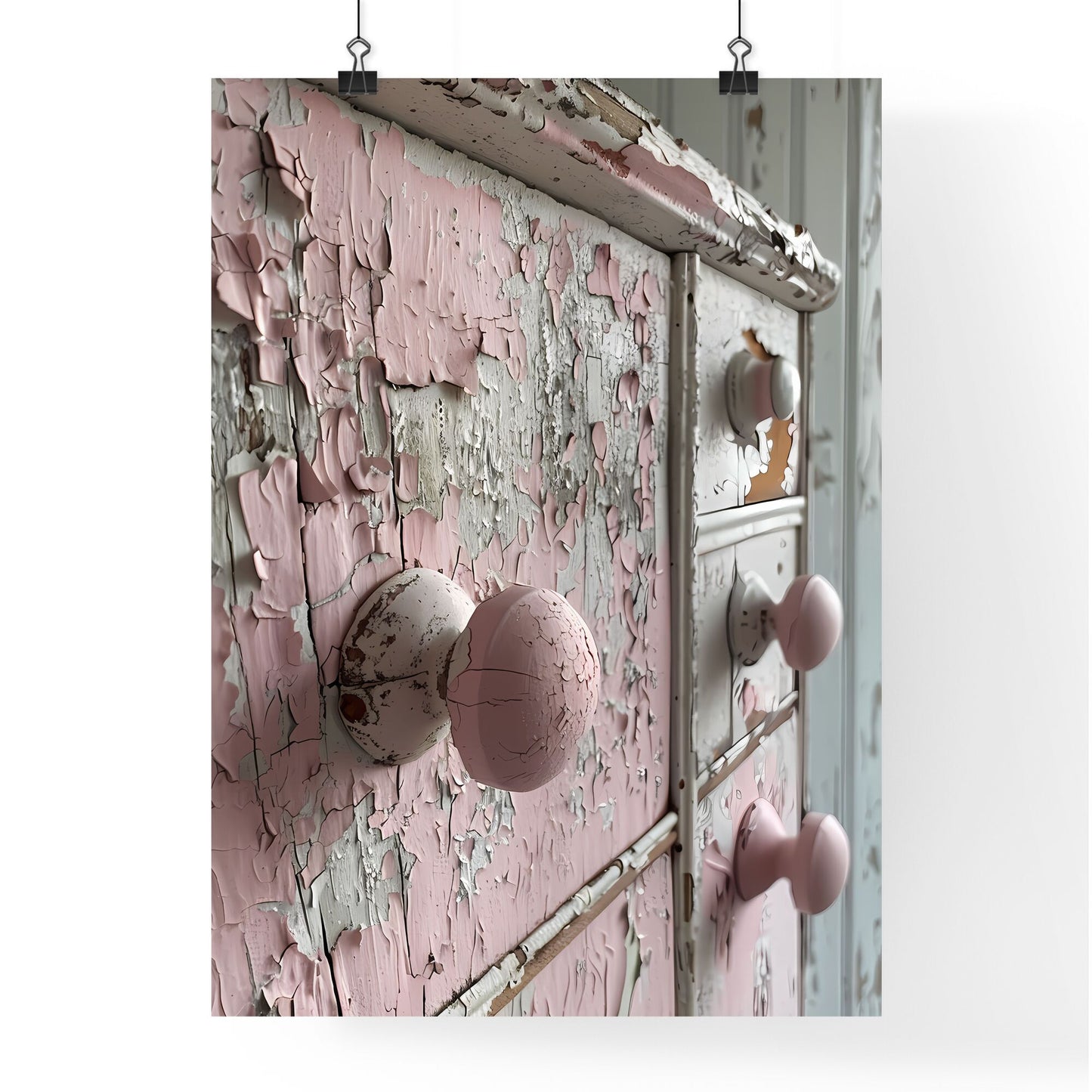 Vintage Inspired Shabby Chic Bathroom Cabinet with Painted Details, Distressed Materials and Neutral Tones, Close-Up of Dresser with Vibrant Painting, Minimalistic Composition, Soft Lighting Default Title