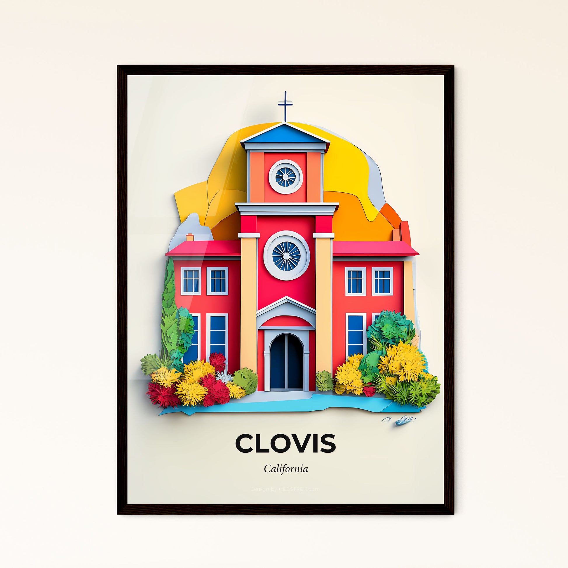 Vivid Clovis, California - a paper cut of a church with a clock tower