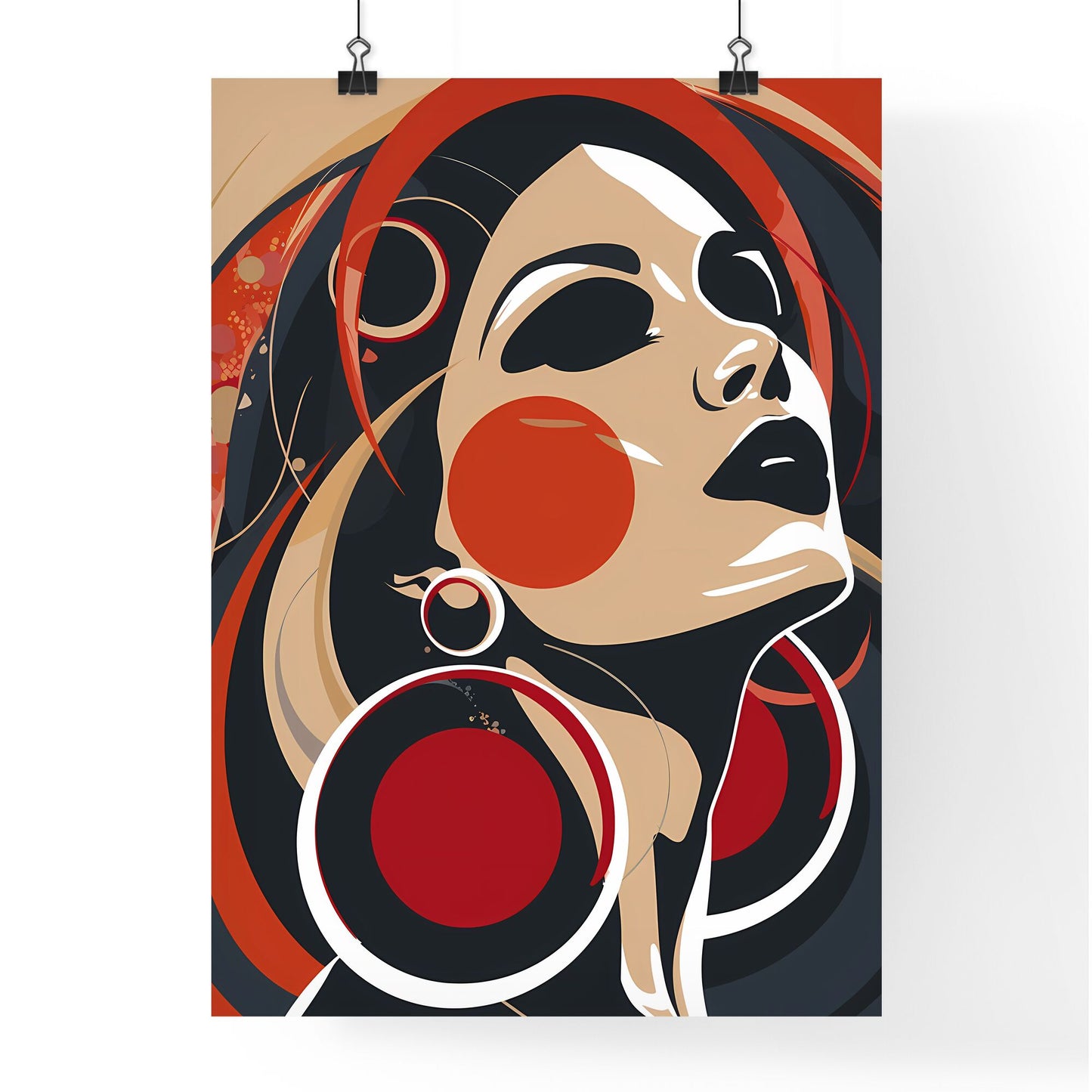 Vibrant, optical art deco illustration of a woman with red, white, blue circles, indonesian-inspired, jazzy flair, bold character design Default Title