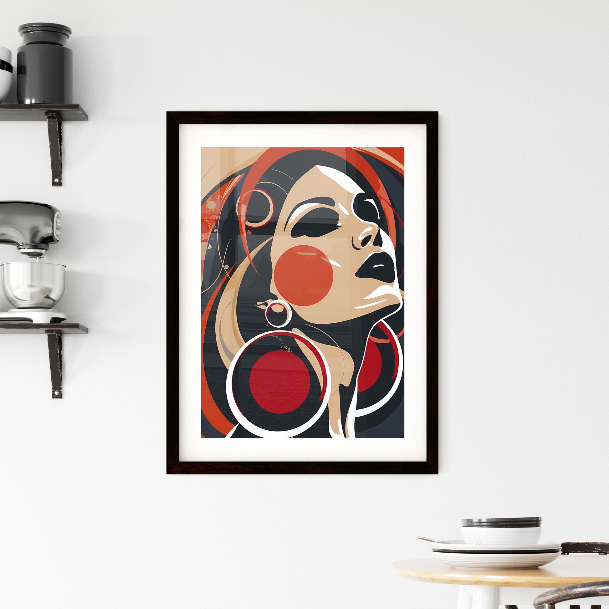 Vibrant, optical art deco illustration of a woman with red, white, blue circles, indonesian-inspired, jazzy flair, bold character design Default Title