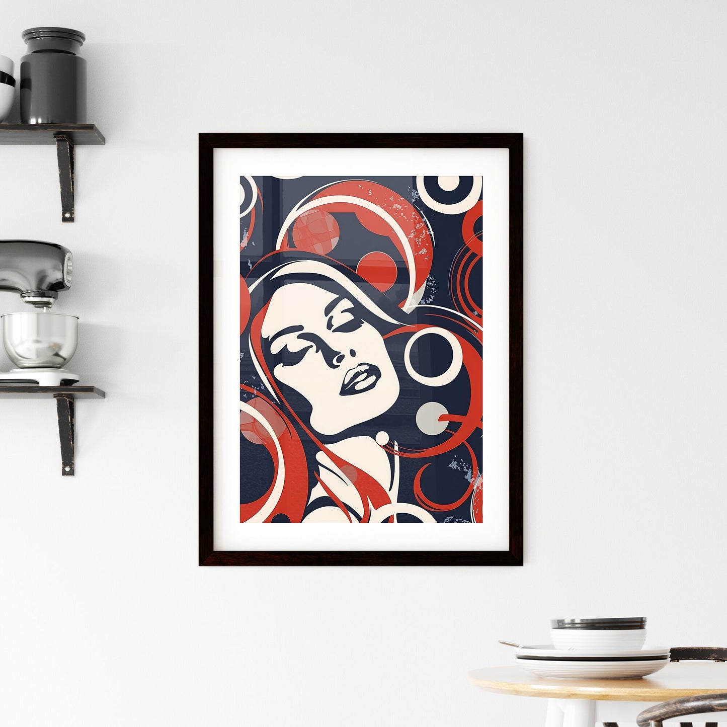 Vibrant Indonesian Art: Bold & Jazzy Flair of Dark Orange Woman with Red, White, and Blue Circles – Art Deco-inspired Stock Image! Default Title