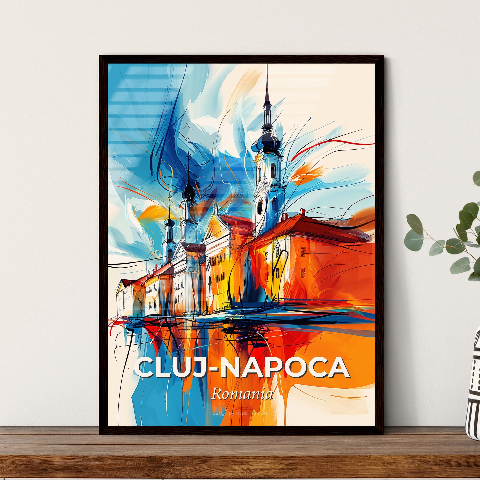 Vibrant Cluj-Napoca, Romania - A Painting Of A Building With Towers And A Blue And Orange Background