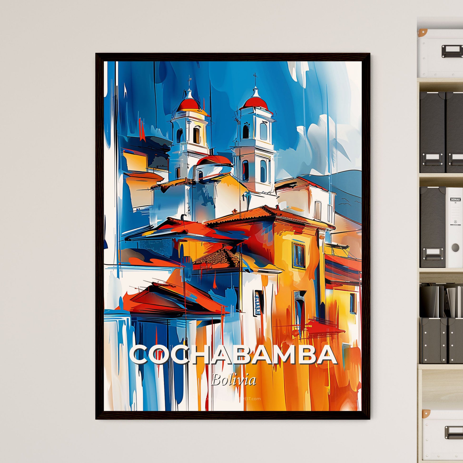 Vibrant Cochabamba, Bolivia - A Painting Of A Skyline With A Colorful Building